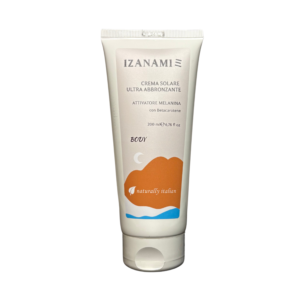 Crema solare ultra abbronzante Izanami in tubo, con texture morbida e colore dorato, ideale per una pelle abbronzata e protetta