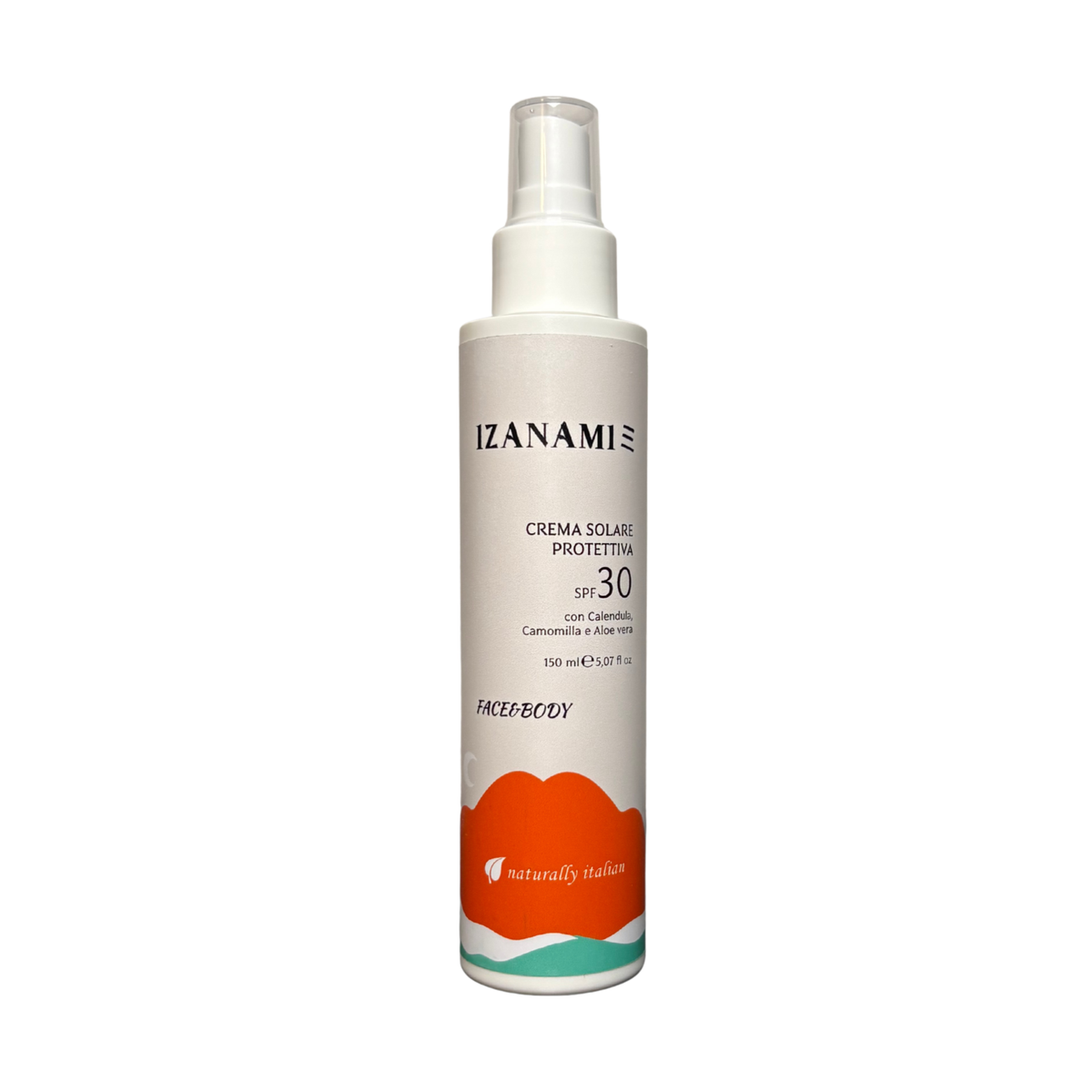 Crema solare protettiva biologica SPF30 Izanami in tubo con formula naturale e idratante, visibile con etichetta e tubo bianco