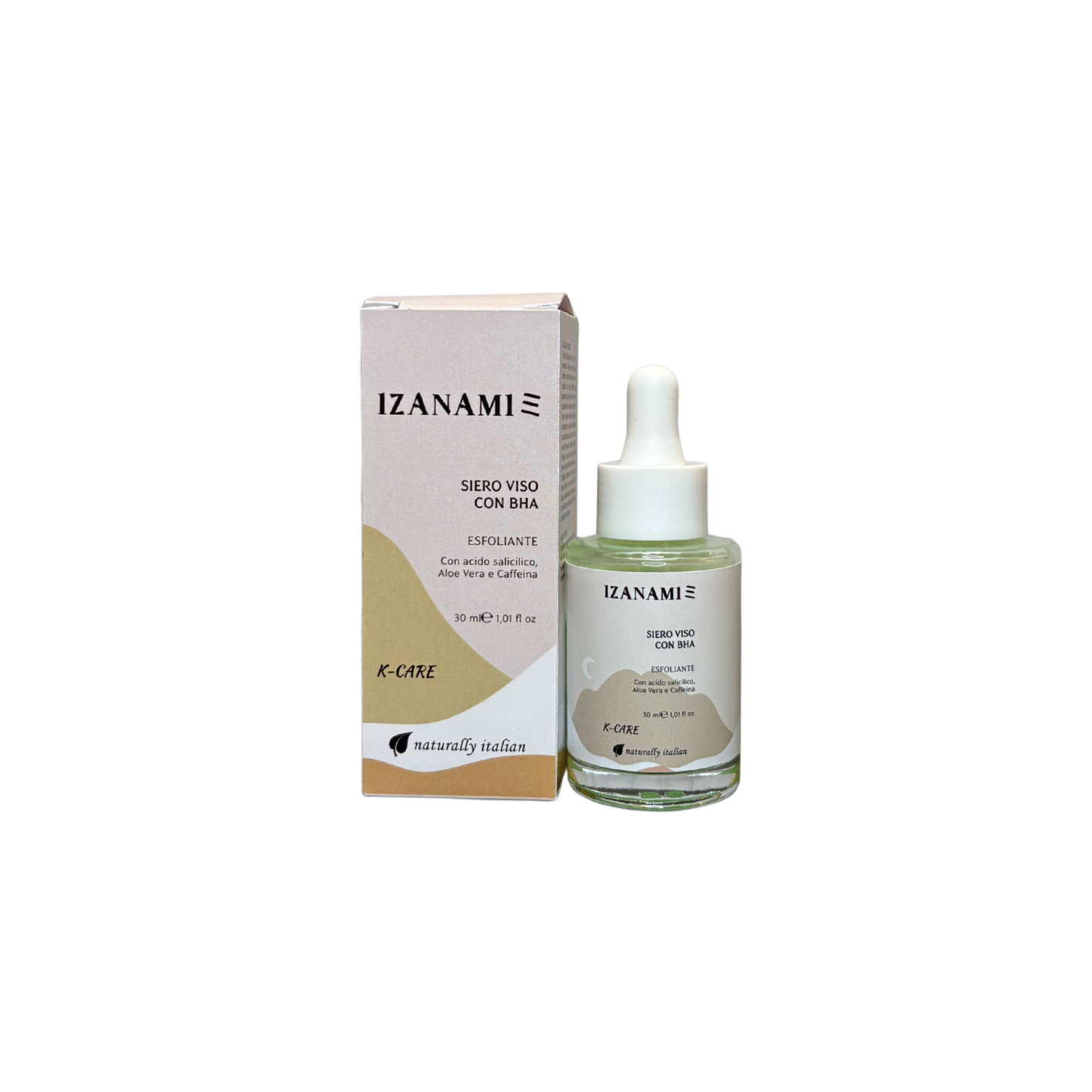 Siero viso biologico con BHA esfoliante di IZANAMI, applicato su una mano, in flacone con contagocce per cura della pelle.