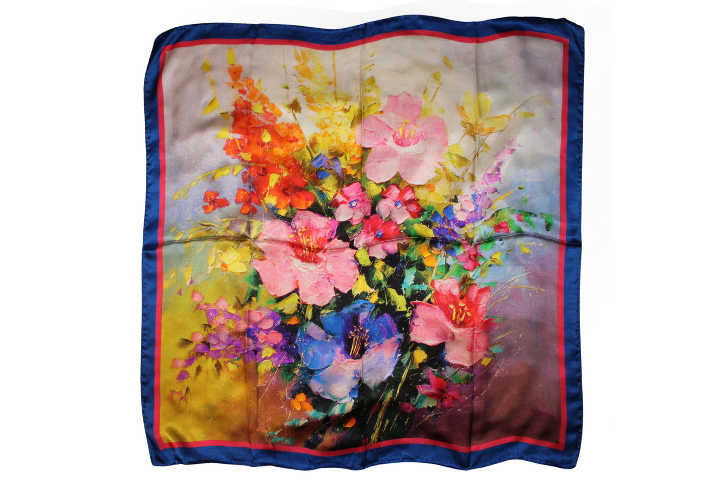Foulard Parvati in seta, con motivo floreale, blu, rosso, multicolore, Q7LAB Made in Italy