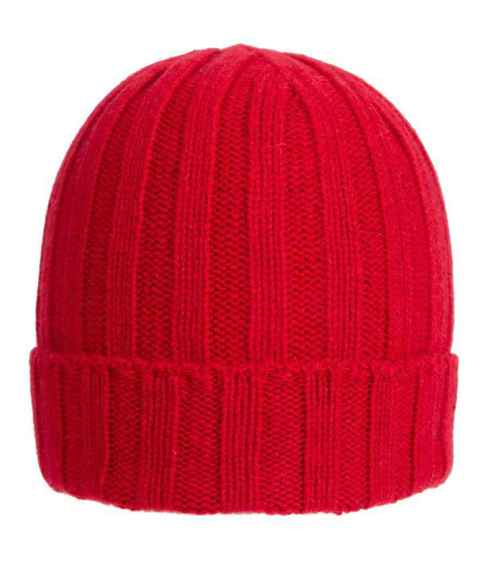 Berretto a coste in cashmere rigenerato rosso di Q7LAB, accessorio in lana e cashmere, fatto in Italia.