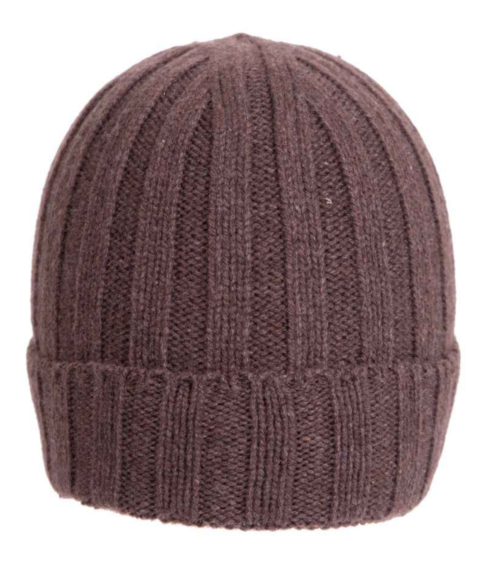 Berretto marrone melange a coste in cashmere rigido con logo Q7LAB, accessorio di lana e cashmere, fatto in Italia.
