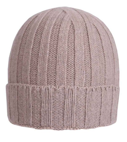 Berretto in cashmere rigato Q7LAB, accessorio di lana rigenerata di alta qualità, colore beige, fatto in Italia.