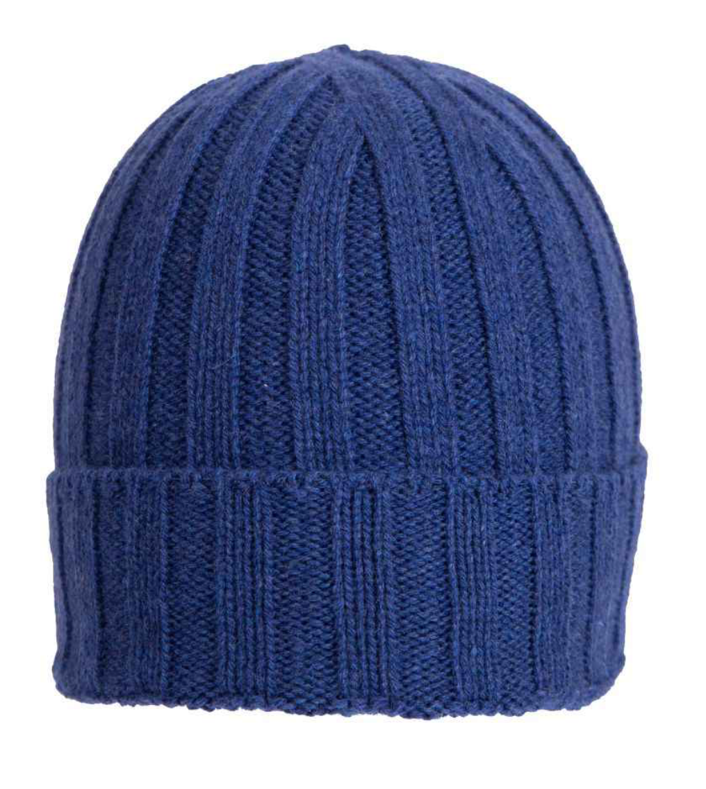 Berretto blu in cashmere rigato Q7LAB, accessorio in lana e cashmere rigido, made in Italia, stile elegante e caldo.