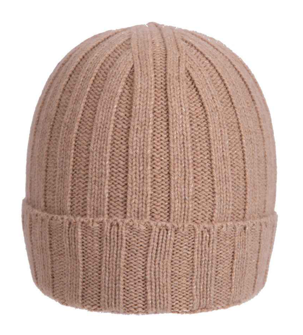 Berretto unisex in cashmere rigato Q7LAB, accessorio in lana rigenerata, colore beige, made in Italy.
