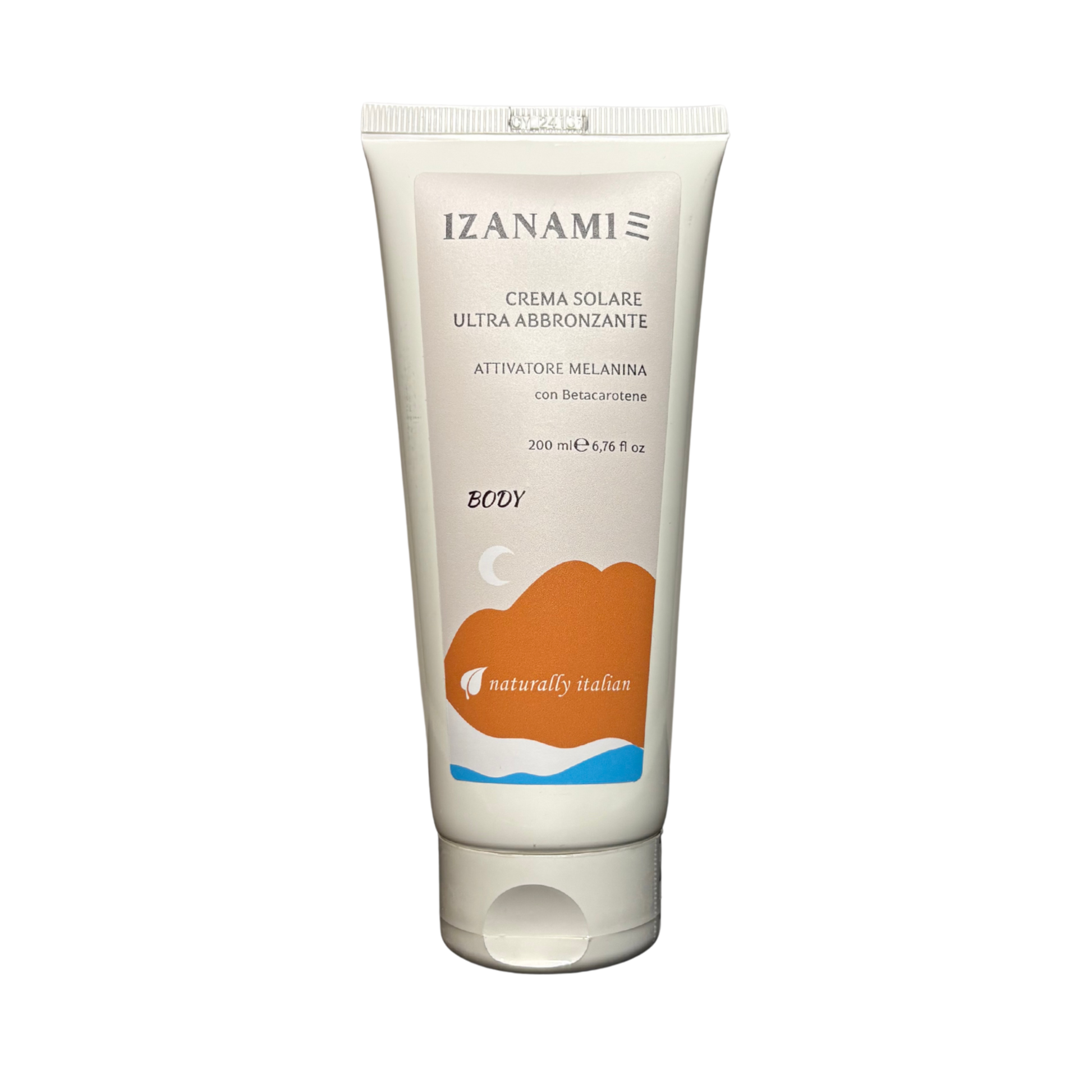 Crema solare ultra abbronzante Izanami in tubo, con texture morbida e colore dorato, ideale per una pelle abbronzata e protetta