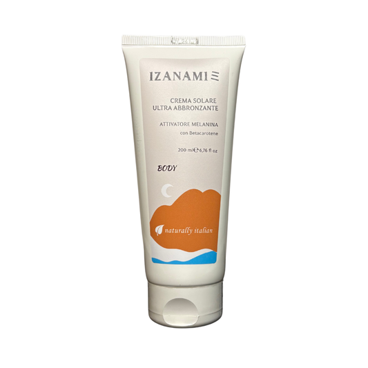 Crema solare ultra abbronzante Izanami in tubo, con texture morbida e colore dorato, ideale per una pelle abbronzata e protetta