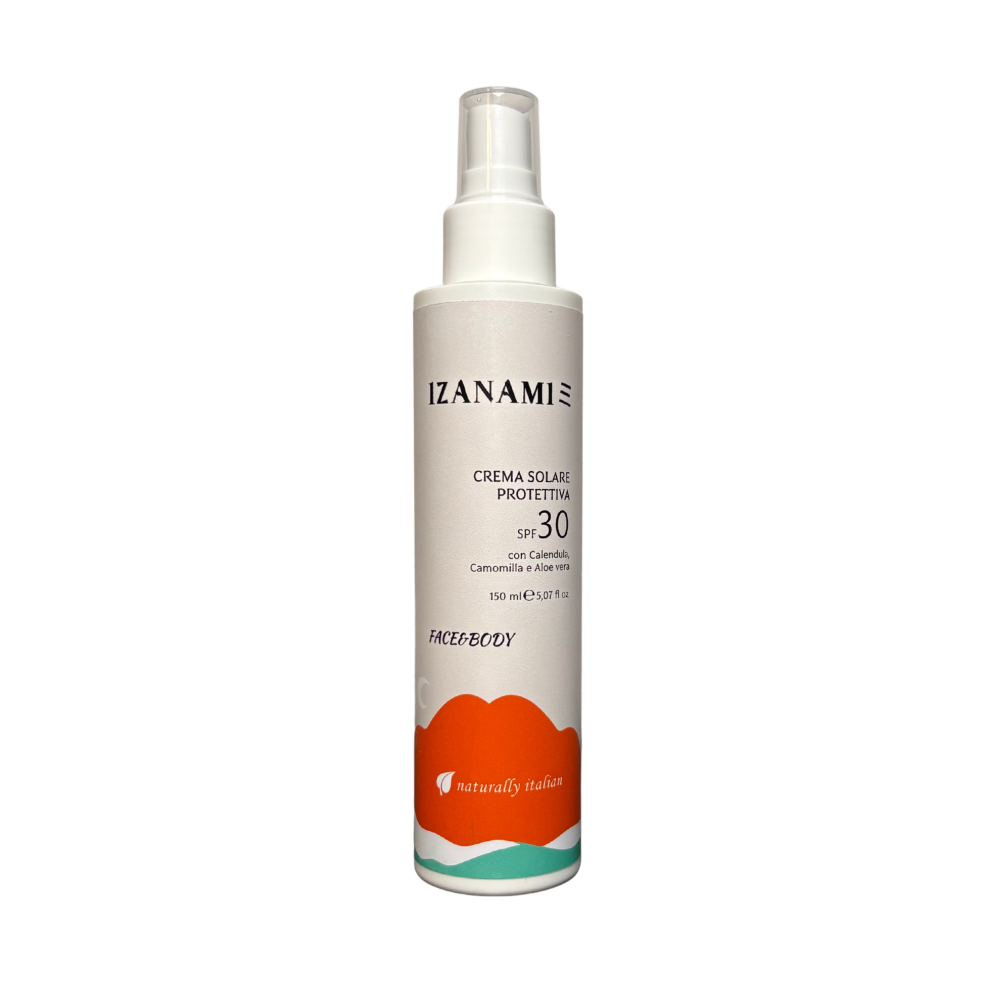 Crema solare protettiva biologica SPF30 Izanami in tubo con formula naturale e idratante, visibile con etichetta e tubo bianco