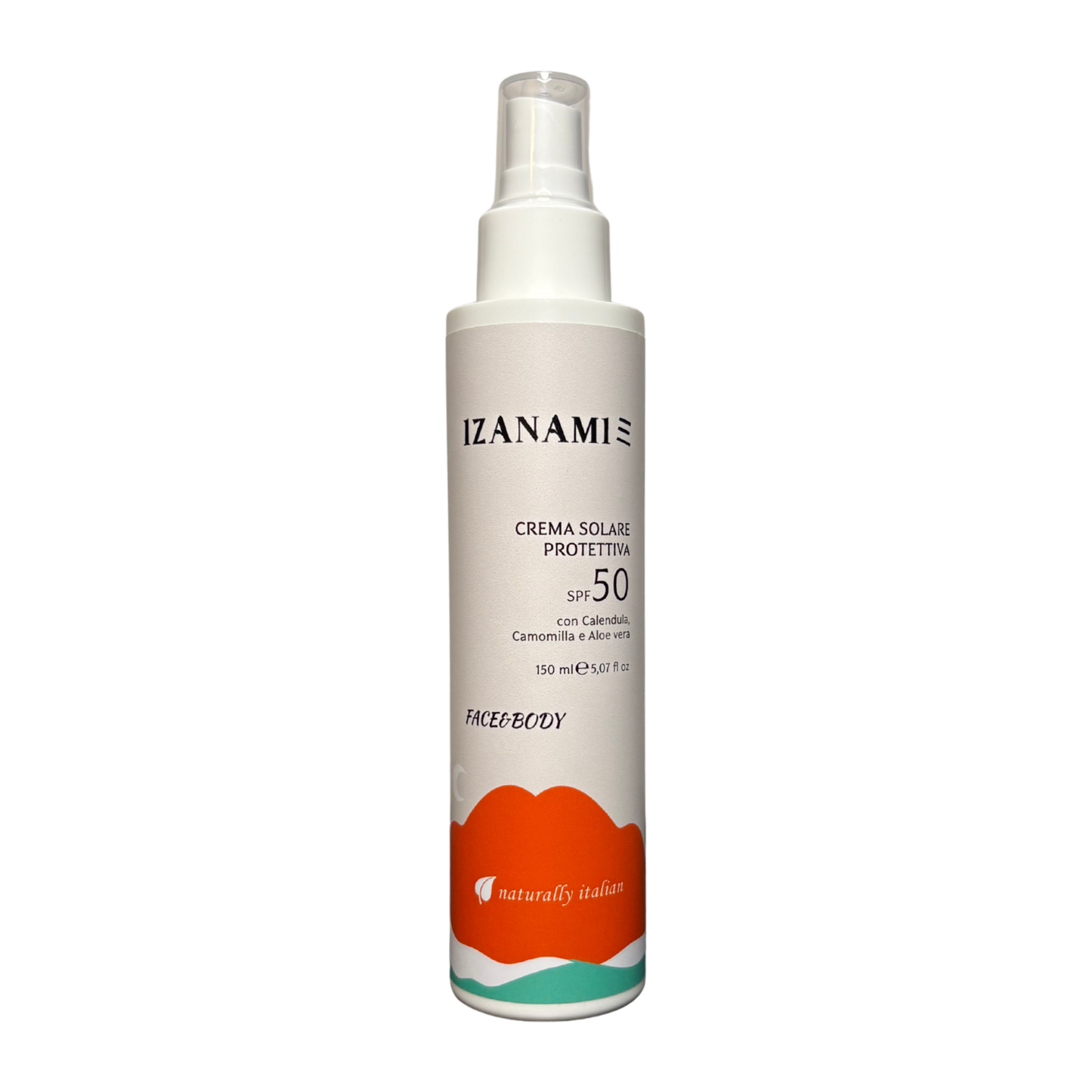 Crema solare protettiva bio SPF50 di Izanami, confezione con crema solare naturale e protezione elevata contro i raggi UV.