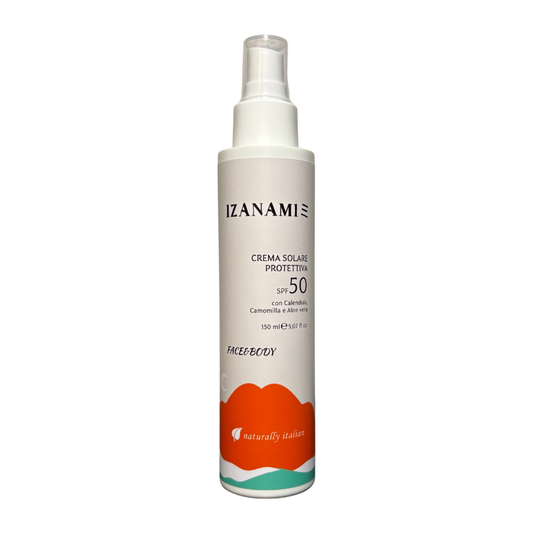 Crema solare protettiva bio SPF50 di Izanami, confezione con crema solare naturale e protezione elevata contro i raggi UV.