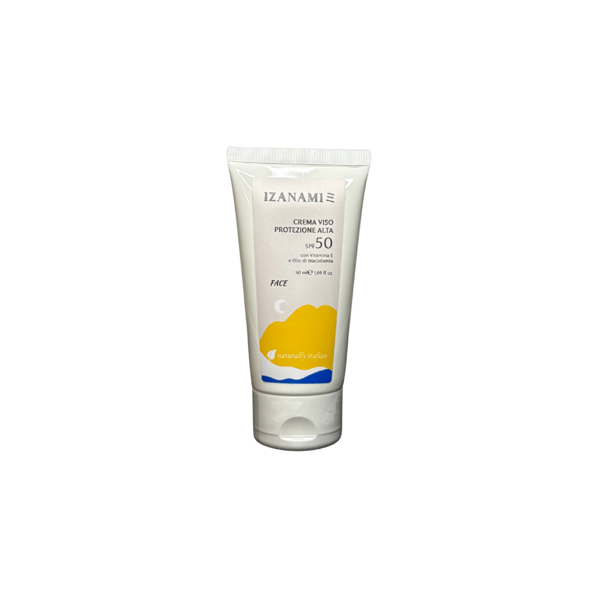 Crema viso protezione alta SPF50 di Izanami, crema idratante e protettiva per il viso con alta protezione solare.