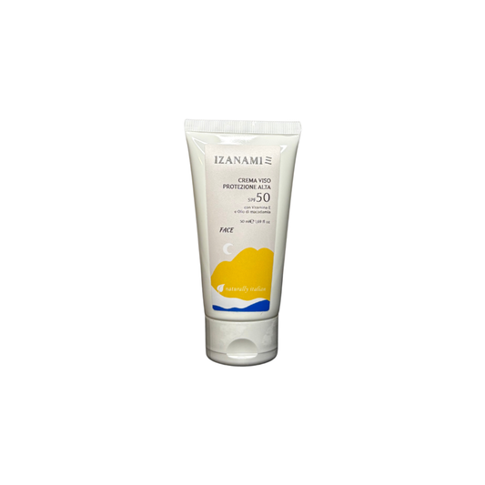 Crema viso protezione alta SPF50 di Izanami, crema idratante e protettiva per il viso con alta protezione solare.