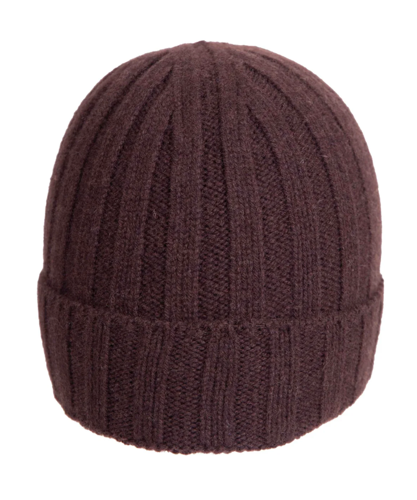 Berretto in lana merinos e cashmere marrone di Q7LAB, accessorio caldo e morbido, a coste, fatto in Italia.