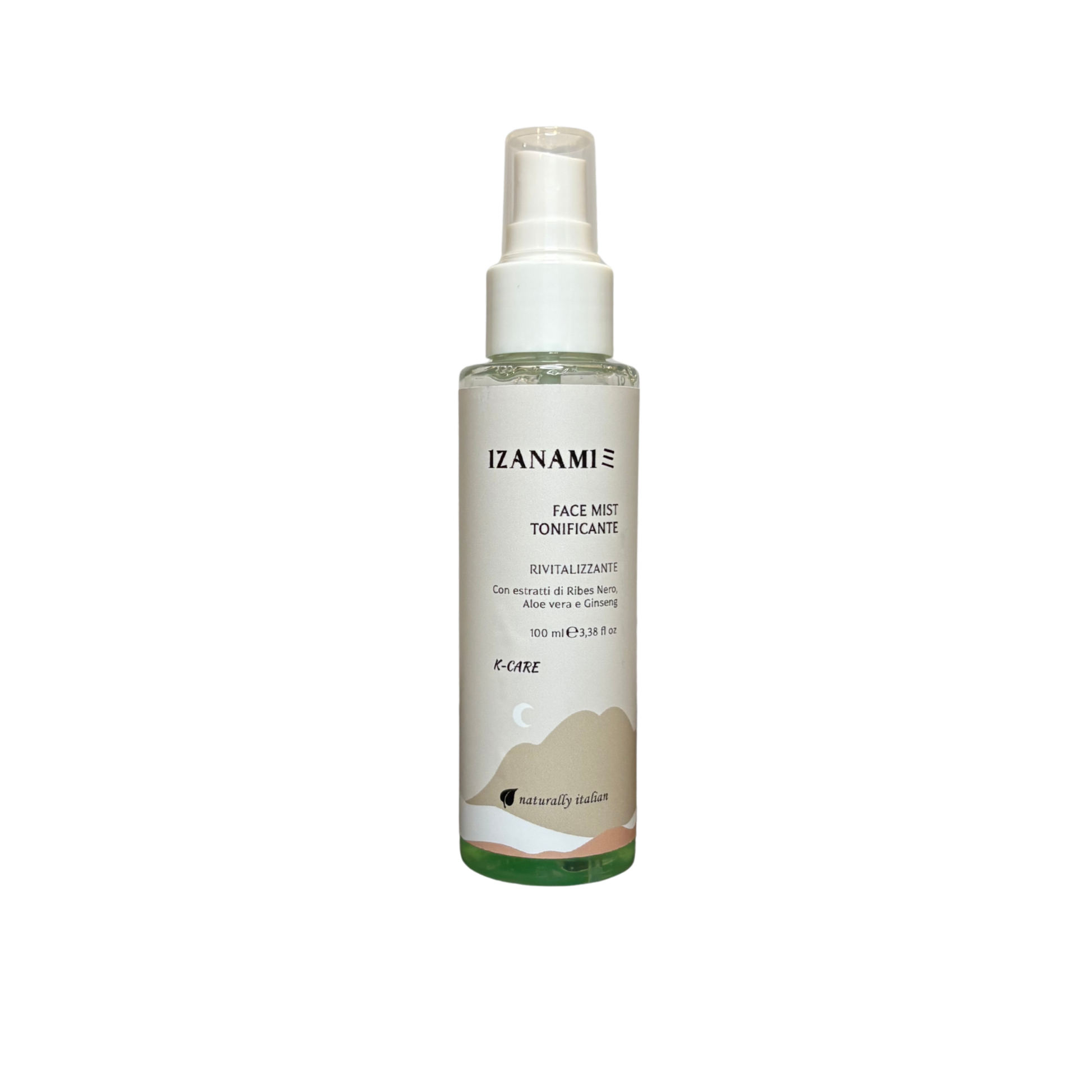 Spray tonificante rivitalizzante per il viso di cosmetici biologici IZANAMI, boccetta con getto fine e design minimalista.