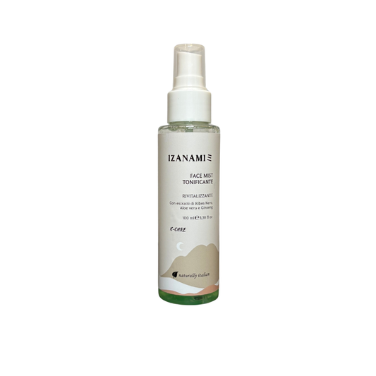 Spray tonificante rivitalizzante per il viso di cosmetici biologici IZANAMI, boccetta con getto fine e design minimalista.