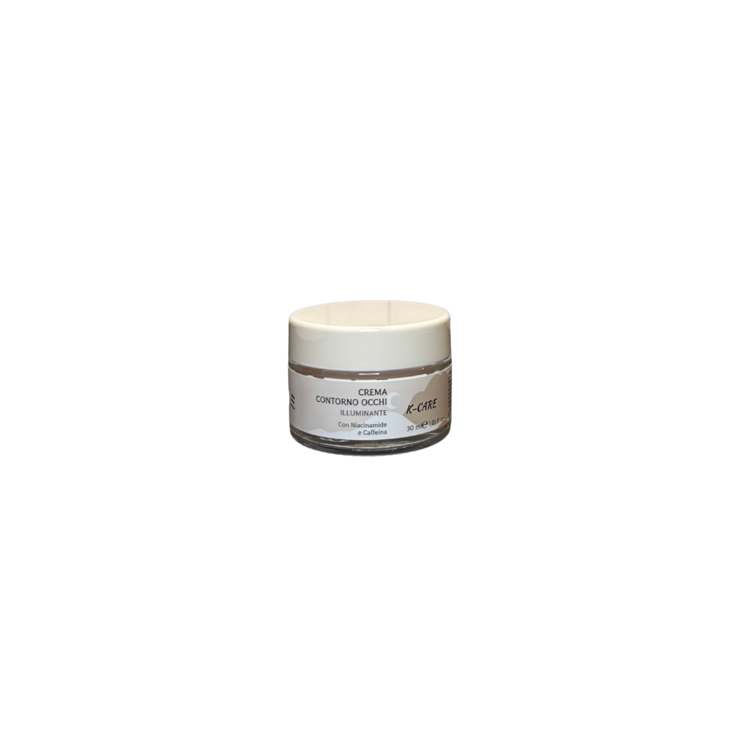 Crema contorno occhi illuminante biologica di Izanami, applicata intorno agli occhi in un flacone elegante.