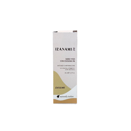 Siero viso con esosomi 5% di IZANAMI, cosmetico biologico idratante e ristrutturante per la pelle del viso.