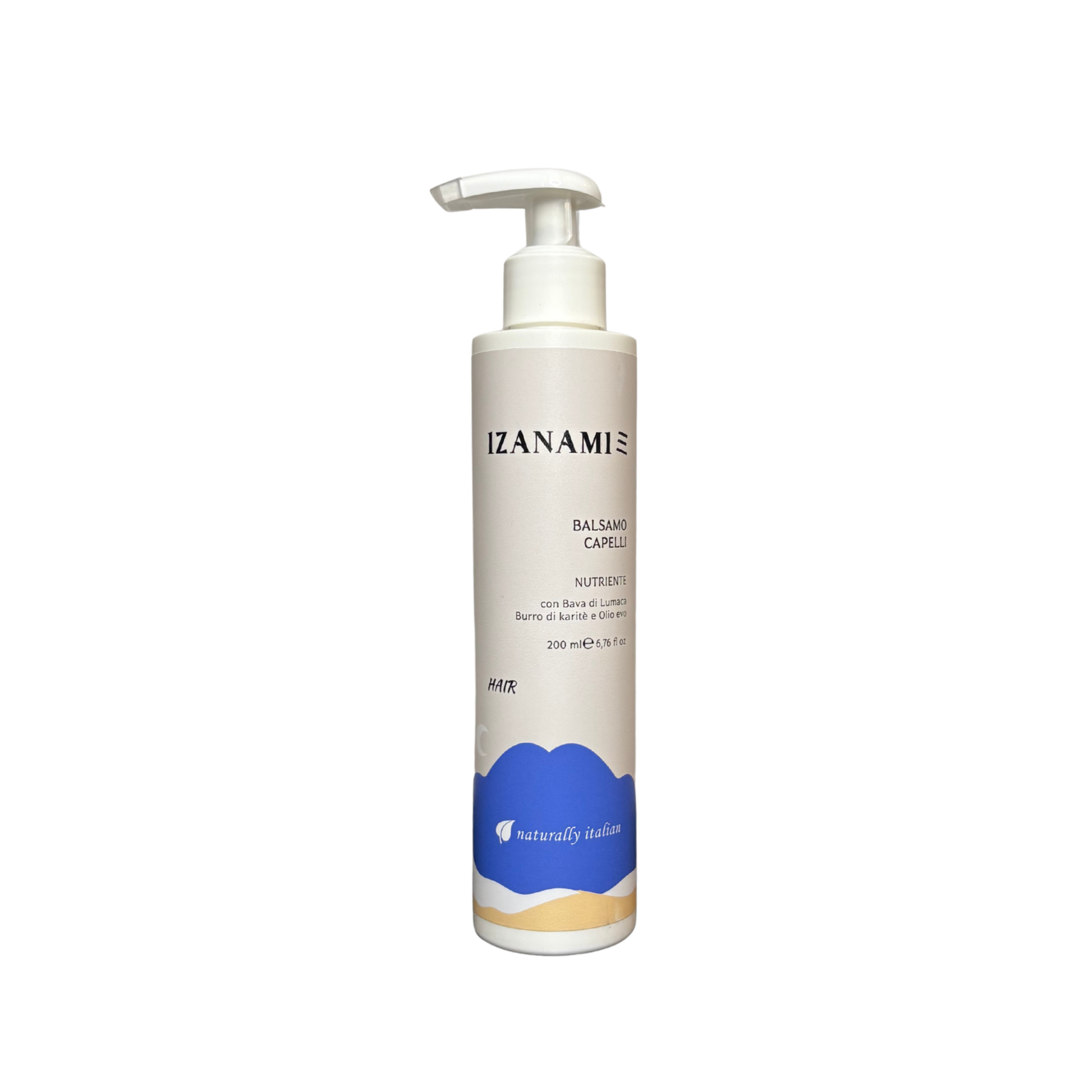 Balsamo capelli nutriente Izanami, cosmetici biologici per capelli morbidi e sani, contenitore con etichetta e tubo di balsamo
