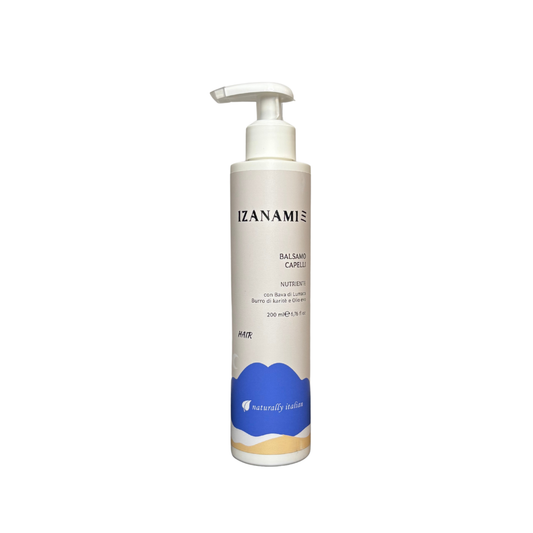 Balsamo capelli nutriente Izanami, cosmetici biologici per capelli morbidi e sani, contenitore con etichetta e tubo di balsamo