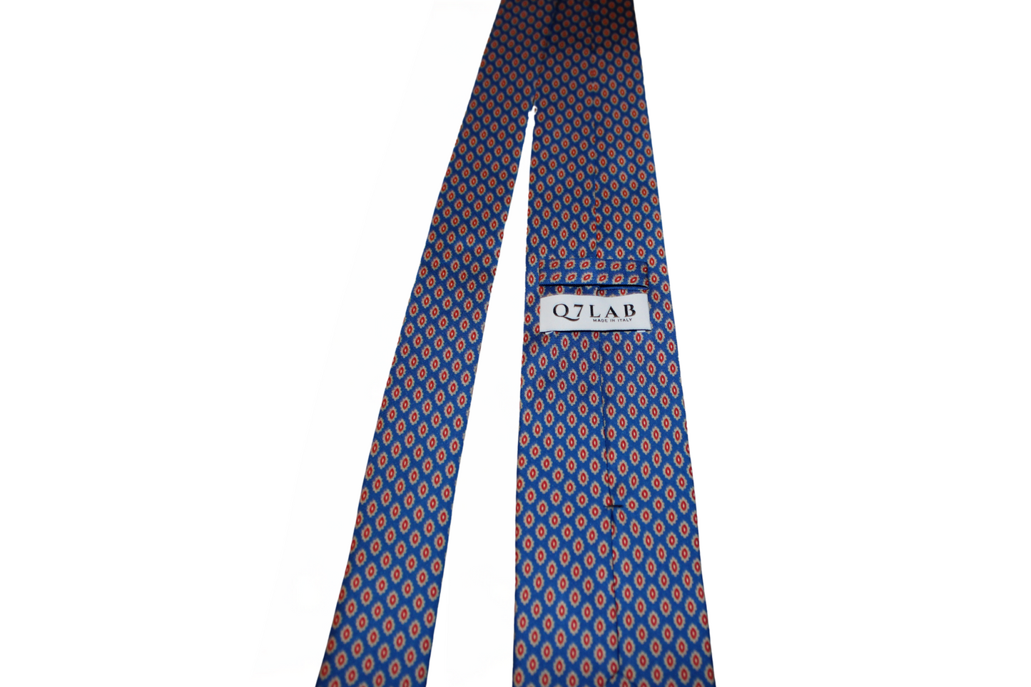 Cravatta sartoriale Dioniso in twill di seta stampata blu, Q7LAB Made in Italy