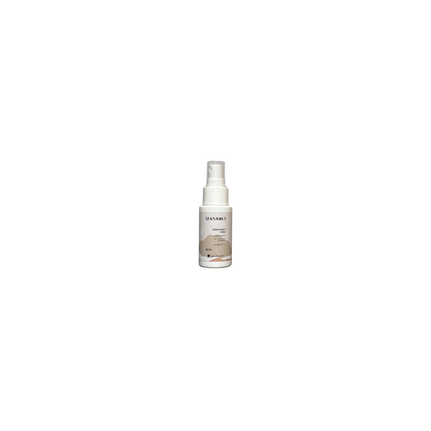 Deodorante spray rinfrescante biologico Izunami, cosmetici per il corpo, confezione quadrata, naturale e biologico.