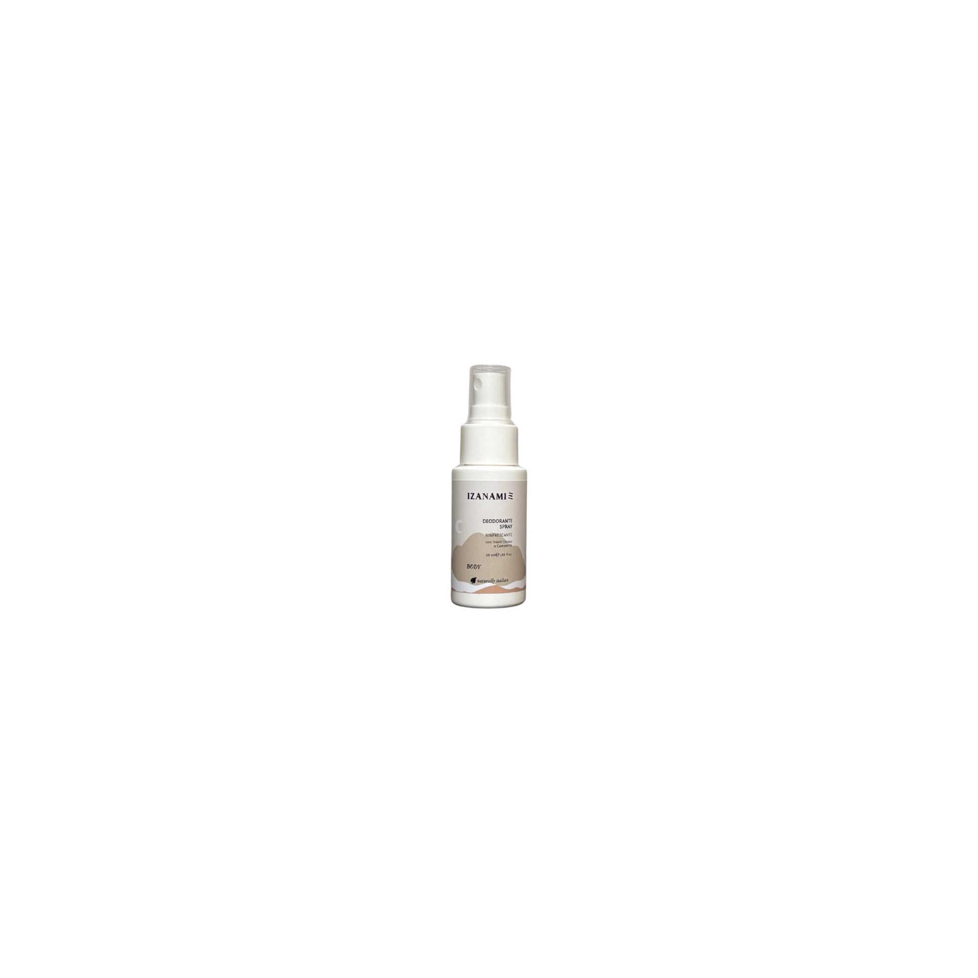 Deodorante spray rinfrescante biologico Izunami, cosmetici per il corpo, confezione quadrata, naturale e biologico.