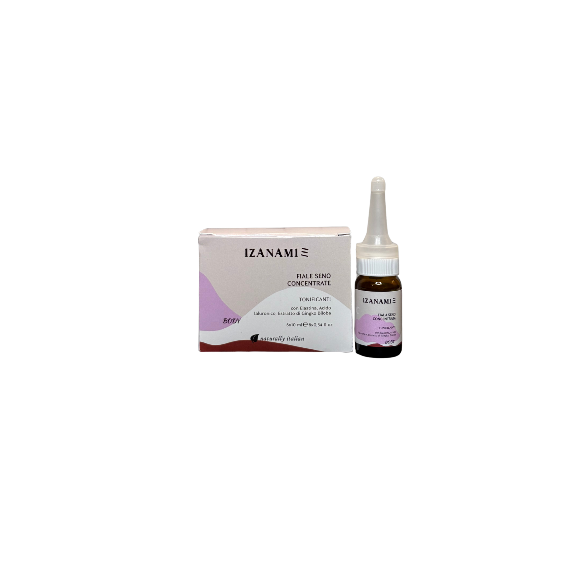 Fiale di siero concentrato con acido ialuronico di IZANAMI, cosmetici biologici per la cura del seno e del corpo.