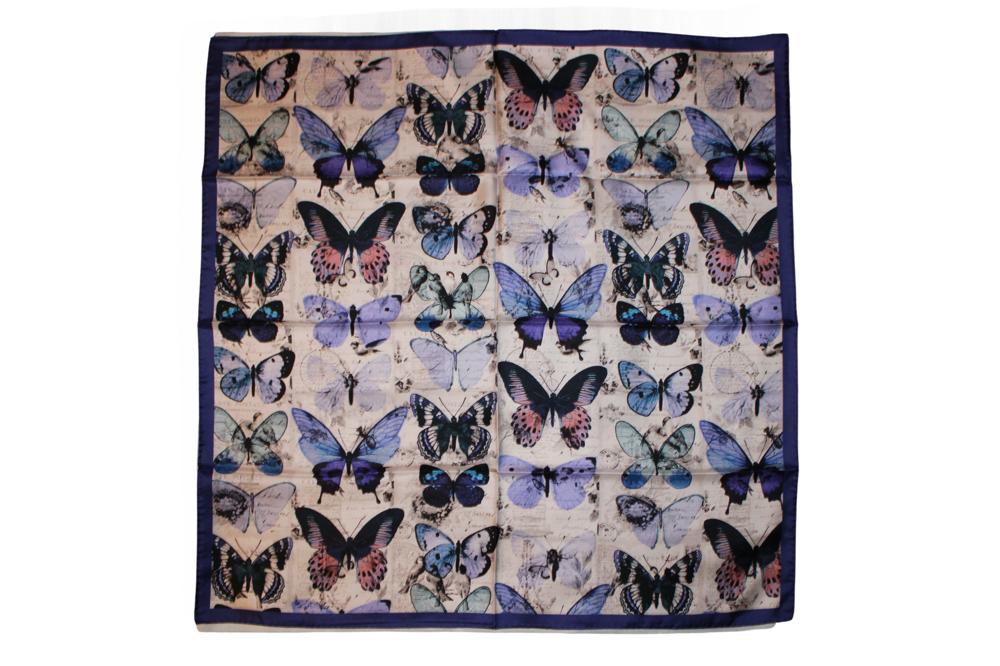 Foulard Butterfly in seta, con motivo animalier, blu, viola, Q7LAB Made in Italy