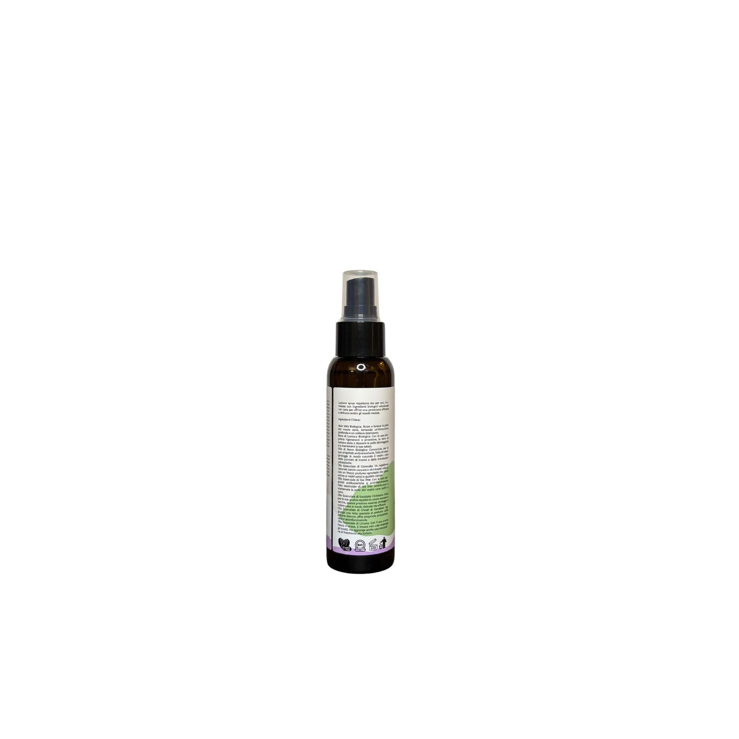 Spray repellente biologico IZANAMI per animali, contenitore spray con etichetta verde e logo del brand, prodotto per la cura degli animali.