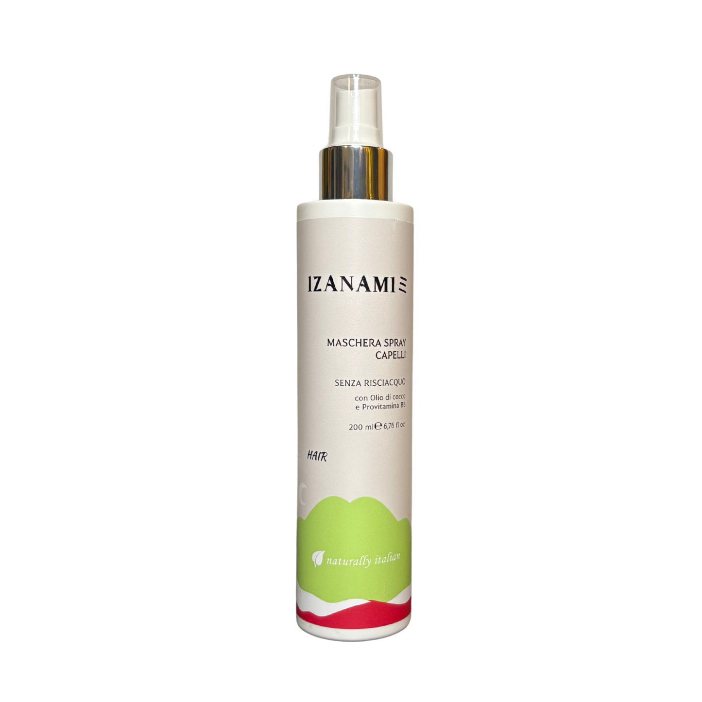 Spray per capelli senza risciacquo IzAnami, cosmetici biologici, confezione con spray per nutrire e proteggere i capelli.