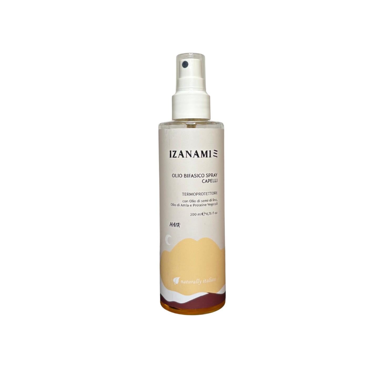 Spray olio bifasico termoprotettore Izanami per capelli biologici, protezione e lucentezza naturale.