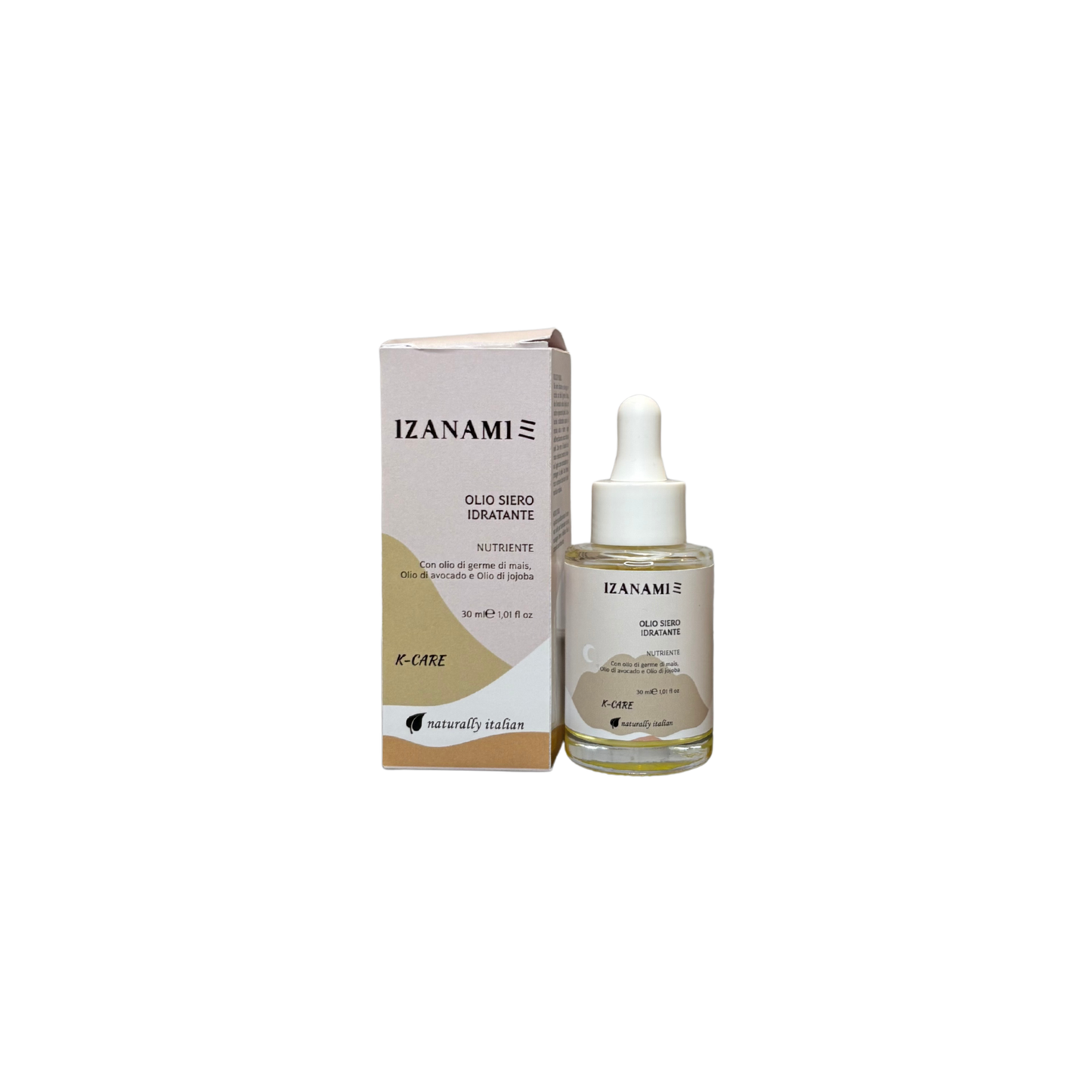 Olio siero idratante e nutriente IZANAMI per il viso, cosmetici biologici, texture leggera e nutriente sulla pelle del volto.
