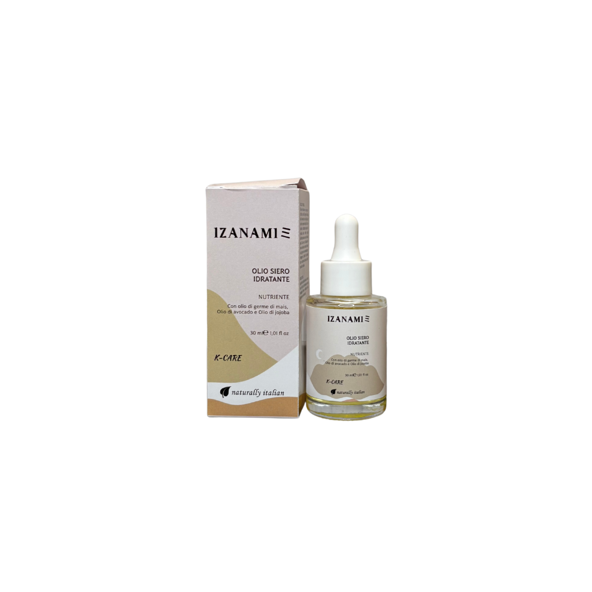 Olio siero idratante e nutriente IZANAMI per il viso, cosmetici biologici, texture leggera e nutriente sulla pelle del volto.