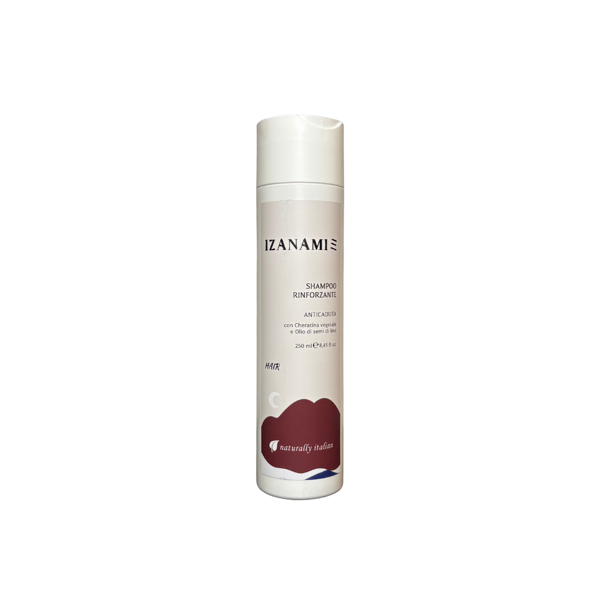 Shampoo rinforzante anticaduta biologico IZANAMI per capelli sani e forti, bottiglia con etichetta verde e dettagli naturali