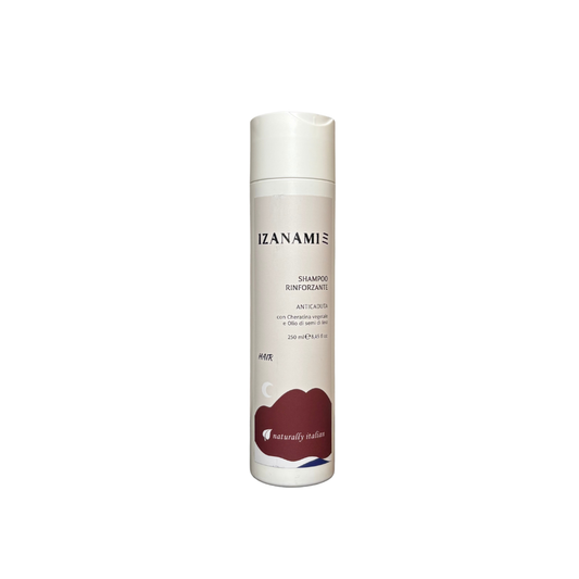 Shampoo rinforzante anticaduta biologico IZANAMI per capelli sani e forti, bottiglia con etichetta verde e dettagli naturali
