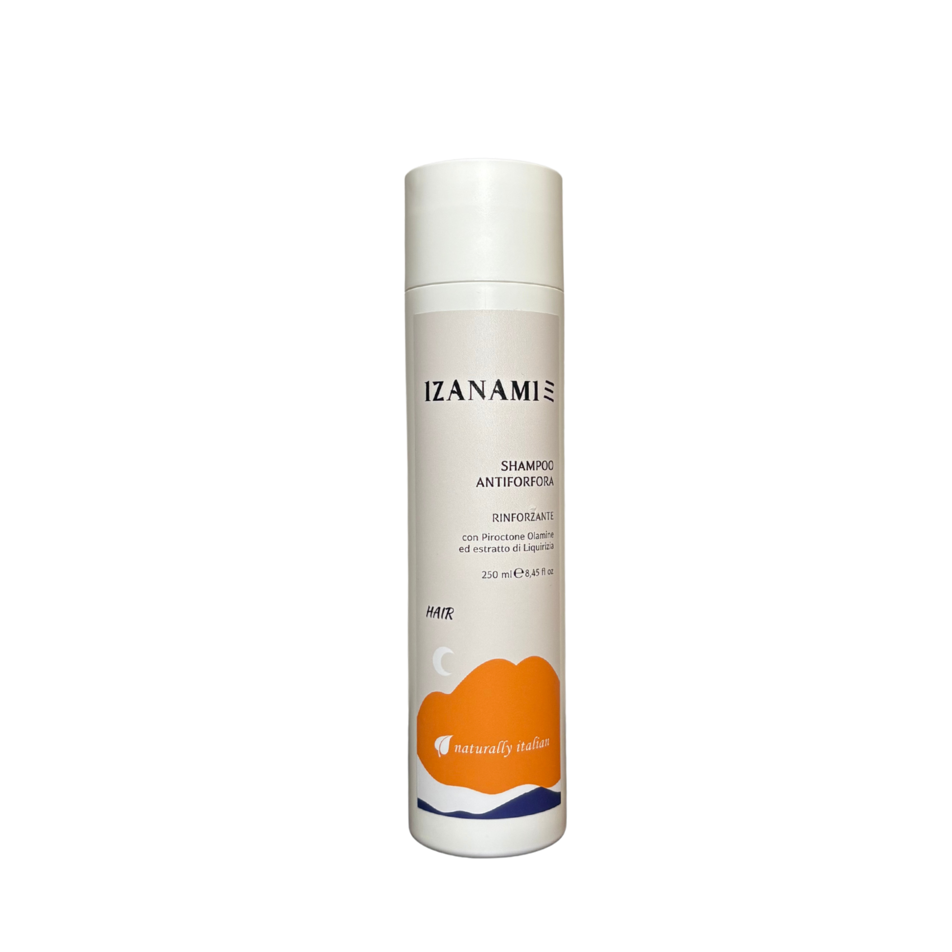 Shampoo antiforfora rinforzante Izanami per capelli biologici, bottiglia con etichetta e schiuma visibile.