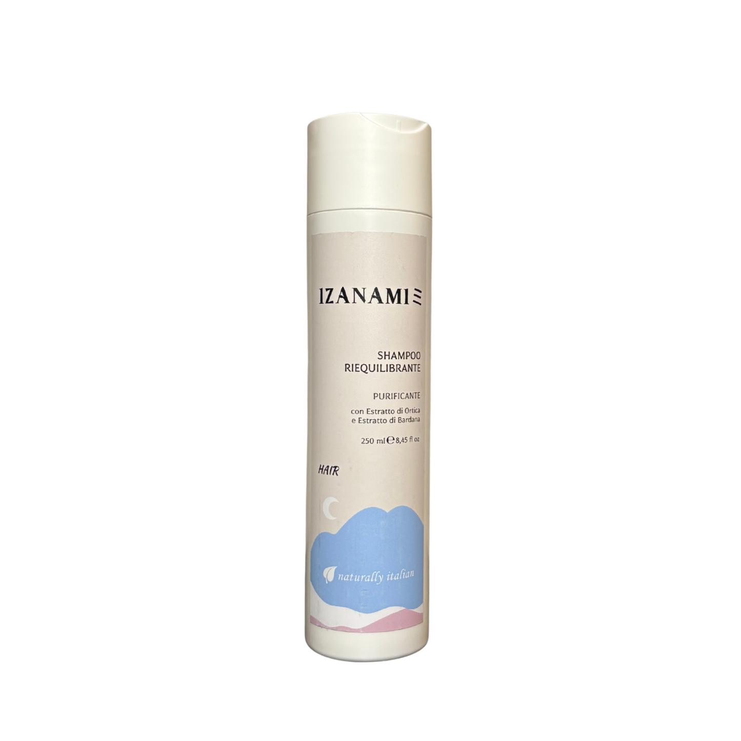 Shampoo riequilibrante purificante biologico Izanaimi per capelli sani e puliti, visibile in confezione con etichetta naturale