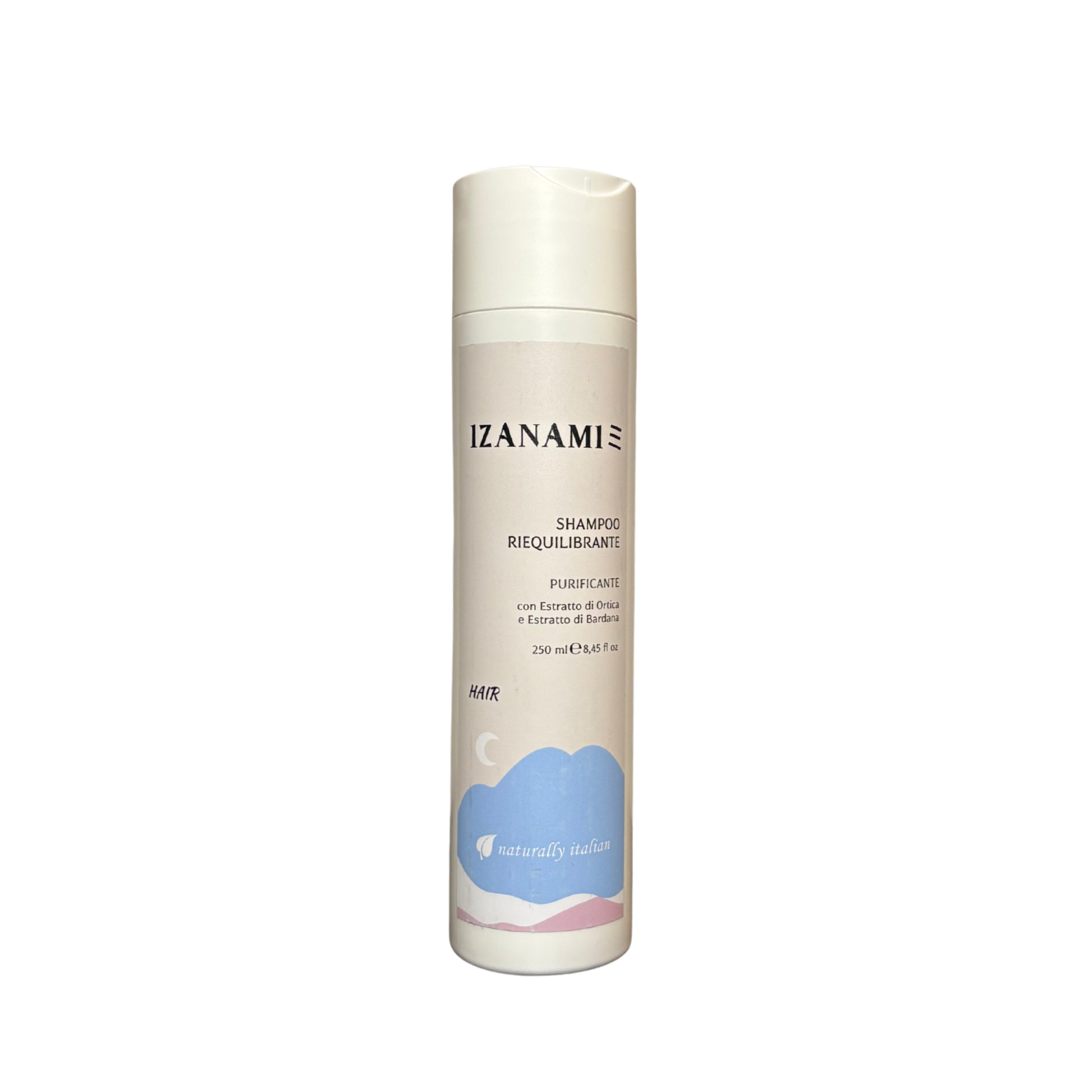 Shampoo riequilibrante purificante biologico Izanaimi per capelli sani e puliti, visibile in confezione con etichetta naturale