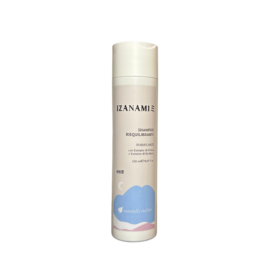 Shampoo riequilibrante purificante biologico Izanaimi per capelli sani e puliti, visibile in confezione con etichetta naturale