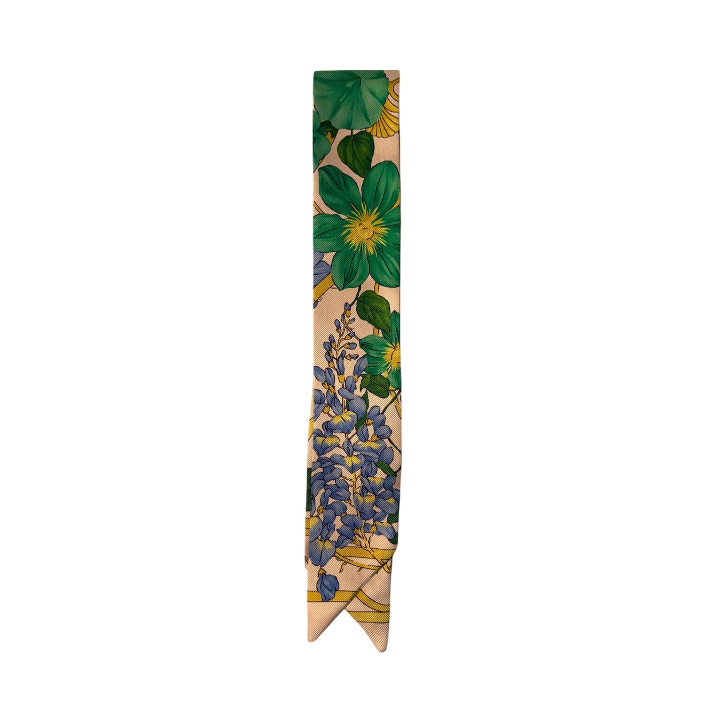 Twilly sartoriale Q7LAB in twill di seta oro verde, accessorio donna elegante e versatile con stampa raffinata.